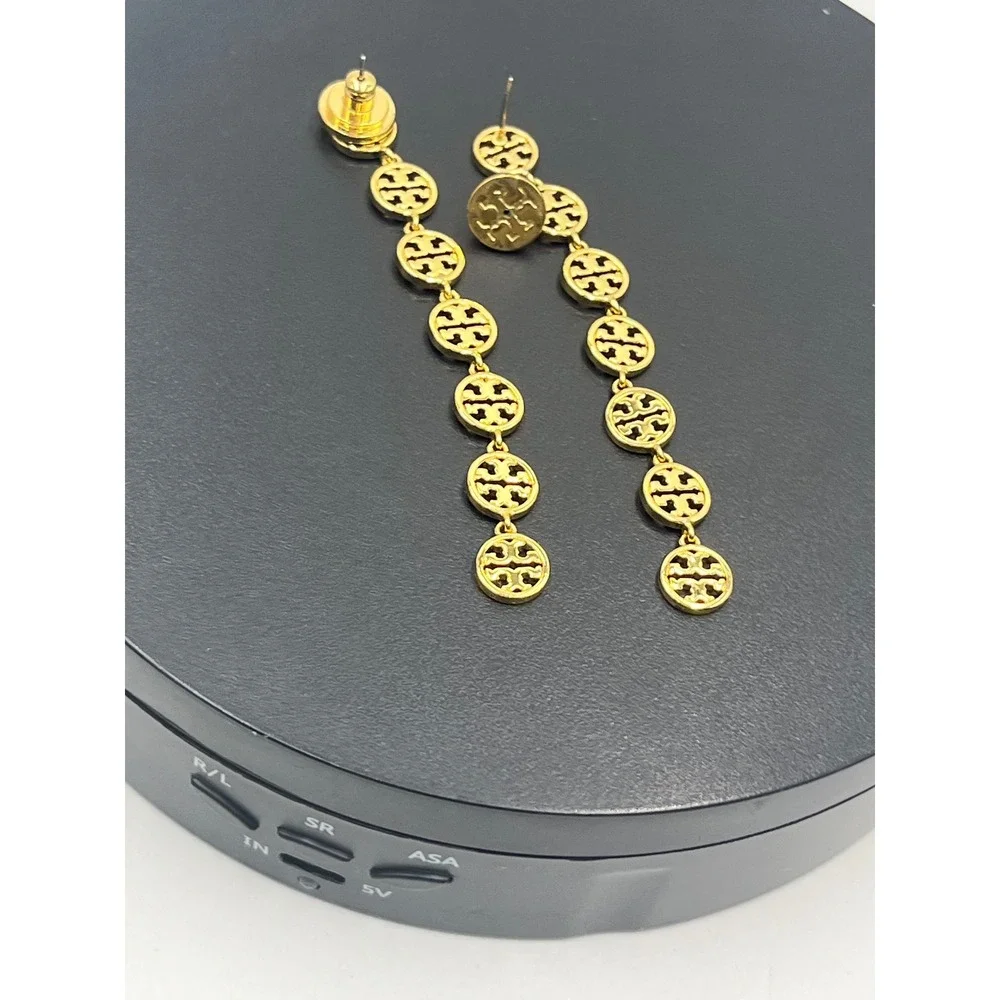 Tory Burch Gold Plated Logo Patchwork‎ Drop Linear Dangle Earrings With Backs